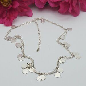 POMINA Silver Disc Station Necklace 19 In Double Strand Fringe Dainty Minimalist